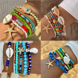 5-7pc/set Starfish Shell Ocean Conch Party Girls Hamsa Hand Casual Cute Bead Bohemia Bracelets For Women Female Jewelry