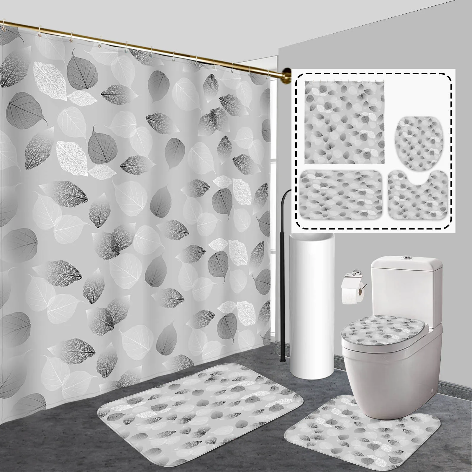 

Fall Theme Bathroom Accessories 4-Piece Set, Waterproof Polyester Non-Slip Rug, U-Shaped Toilet Seat Mat with Hook