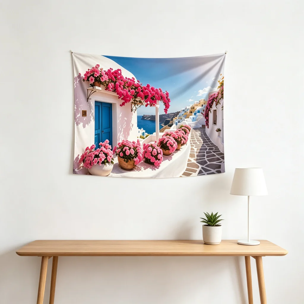 1PC Greek Town Print Backdrop Banner, Bedroom Living Room Photo Background, Polyester Wall Hanging, Home Decor, Wall Art