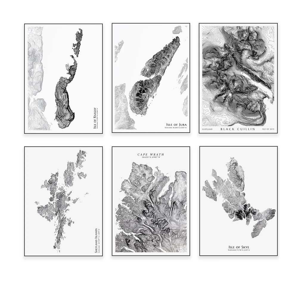 Póster de mapa de contorno topográfico de la isla de Raasay, las Islas Shetland, la isla de Jura, la isla de Raasay, las Tierras Altas escocesas