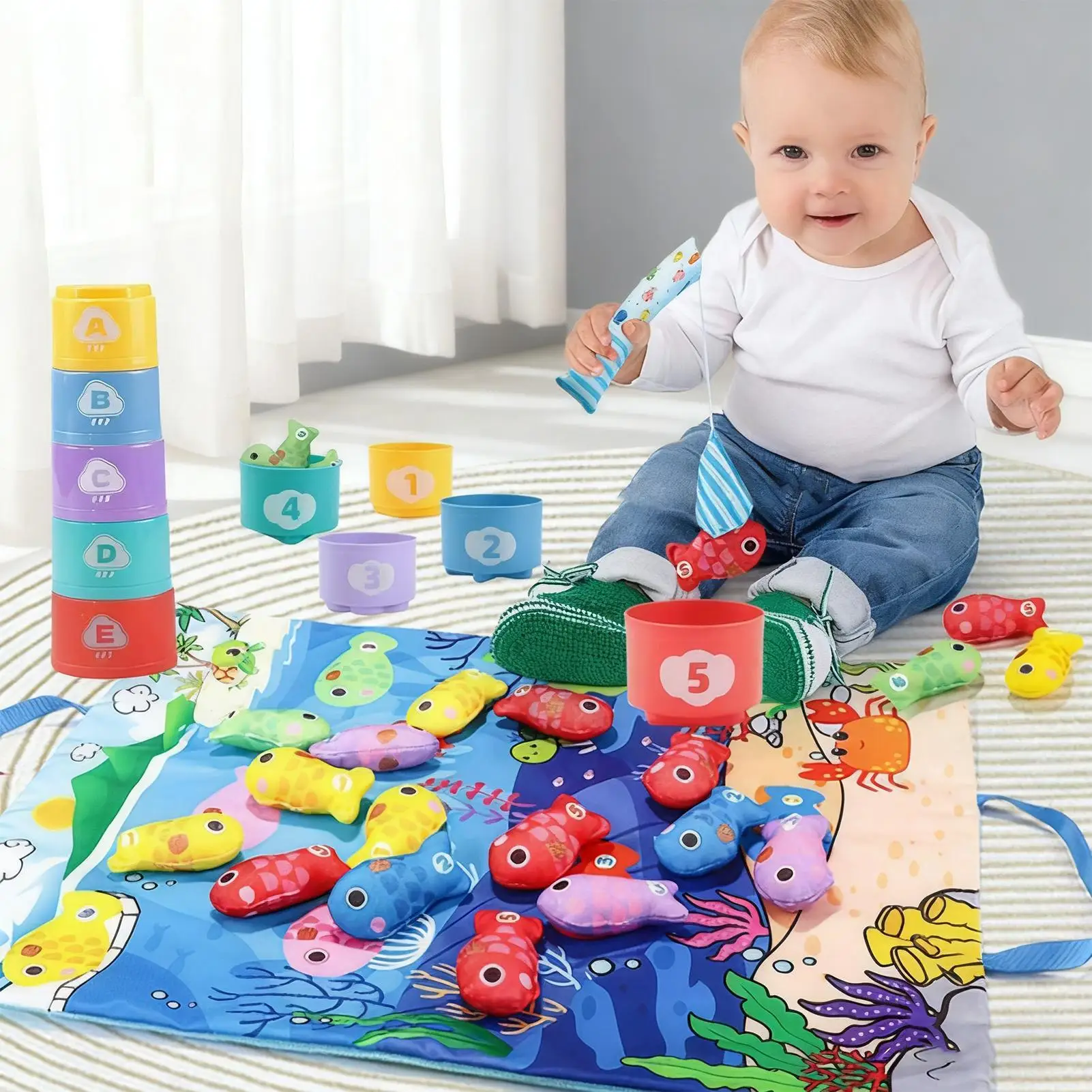 カラーマッチングおもちゃ-キッズファブリックおもちゃ-カラーナンバー学習用-釣り遊び分類アクティビティ-0～36ヶ月の子供向け