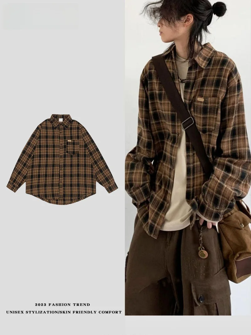 

LPLN Men's Retro Color Blo Plaid Long Sve Casual irt Loose Fit Spring Autumn Outerwear Trendy Brand Youth Faion