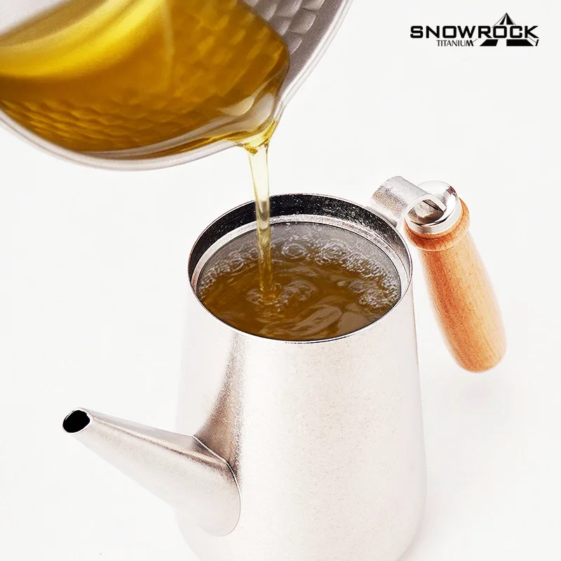 SNOWROCK Pure Titanium Ice Flower Oil Bottle Coffee Kettle, Solid Wood Handle, Lightweight Portable for Camping Hiking Travel