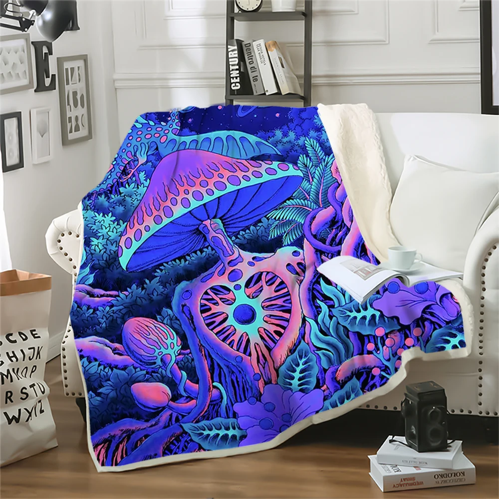 HX Winter Blankets Dark Night Fantasy Mushroom Man 3D Printed Throw Blanket for Beds Double Layer Plush Quilts 5 Size