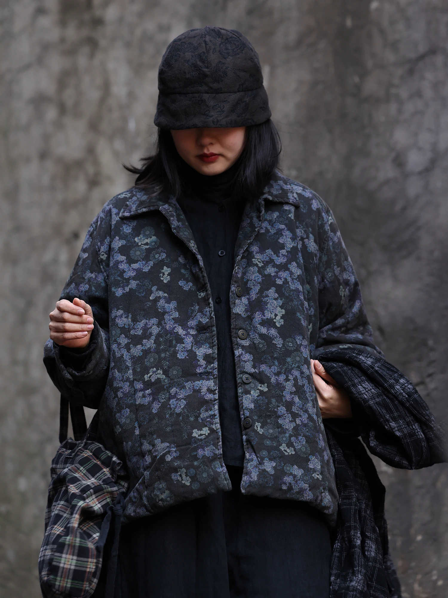

PengPengHome Pure Cotton Retro Floral Print Jaet Collar Long Sve Thiened Winter Women's Casual Faion Coat