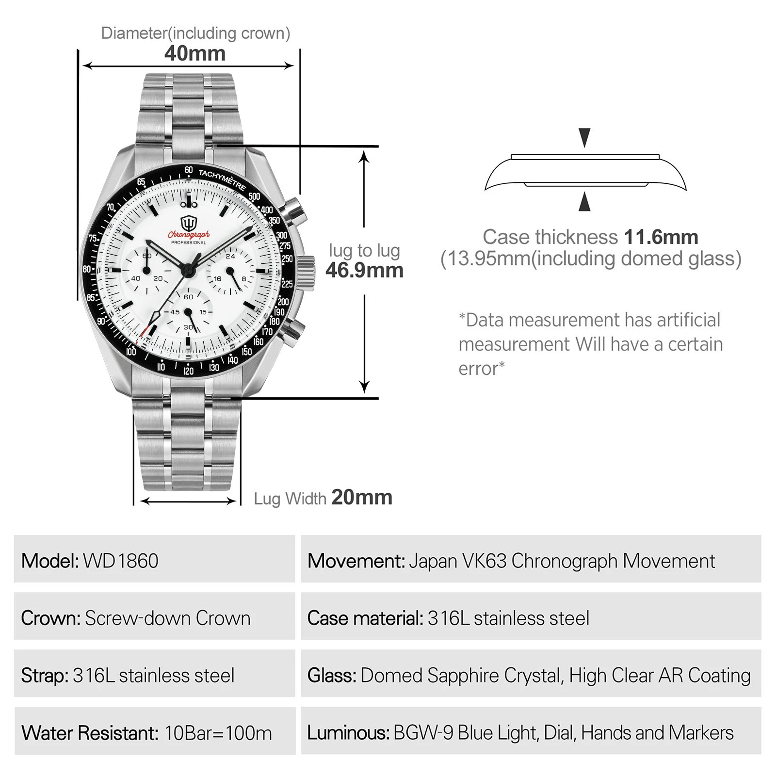 Watchdives WD1860 Watch VK63 Chronological Movement Stainless Steel Watch Sapphire AR Coating Night Light Retro Watches