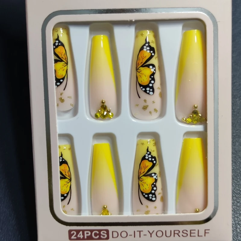 24pcs Yellow Ombre Butterfly Press On Nails Jeweled Long Coffin False Nail Set