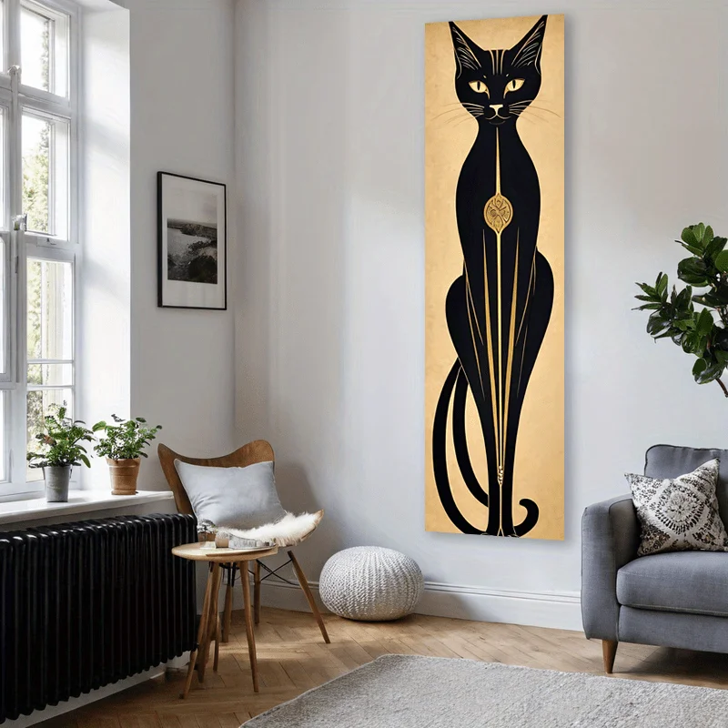 VIKAMA Vertical Black Cat Tapestry, Narrow-Width Tapestry with Mysterious, Minimalist Gold Egyptian Lines, Hallway Home Decor