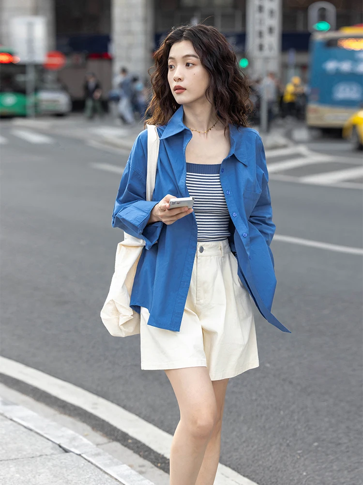 

Женская рубашка в корейском стиле, свободного кроя, с длинным рукавом, на одной пуговице, цвет Klein Blue, для работы и повседневной носки, однотонная.