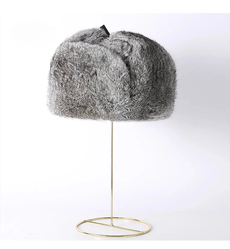 Kaninchen Pelz Kappe Mann Winter Echte 100% Pelz Bomber Hut Winddicht Warme Ohrenschützer Männlich Flache Grau/Schwarz Russische Hut ausgestattet Casquette – Detail 9