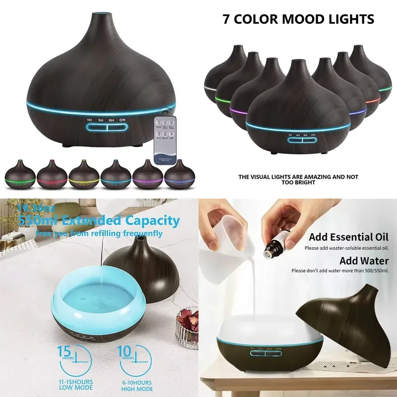 550ml Wood Color USB Aroma Diffuser, Essential Oil Diffuser with 7 Color LED Lights & Remote Control, USB Powered Air