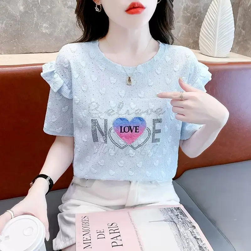 Women\'s Clothing Summer Geometric Short Sleeve Letter Rhinestone Printing Round Neck Ruffles T-shirt Trendy All-match Tops