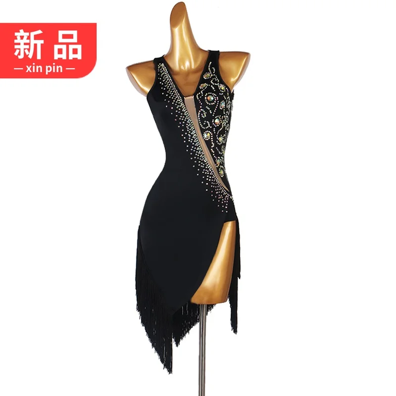 

Imitation Austrian Diamond Tassel Latin Dance Competition Performance Dress Split Hem Rumba Samba Chacha New Style