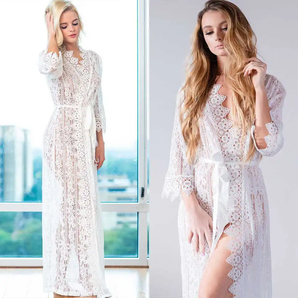 

Elegant Sleepwear Women Maternity V-Neck Appliques Long Sleeve Lace Wedding Bridal Robe Customized Nightgown Pajamas