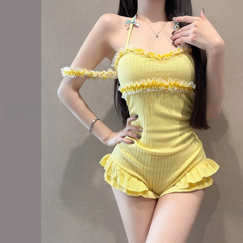sexy Korean fashion conservative bow swimsuits one piece yellow ruffles strapless bodysuits bikinis cute beach outfits swimwear