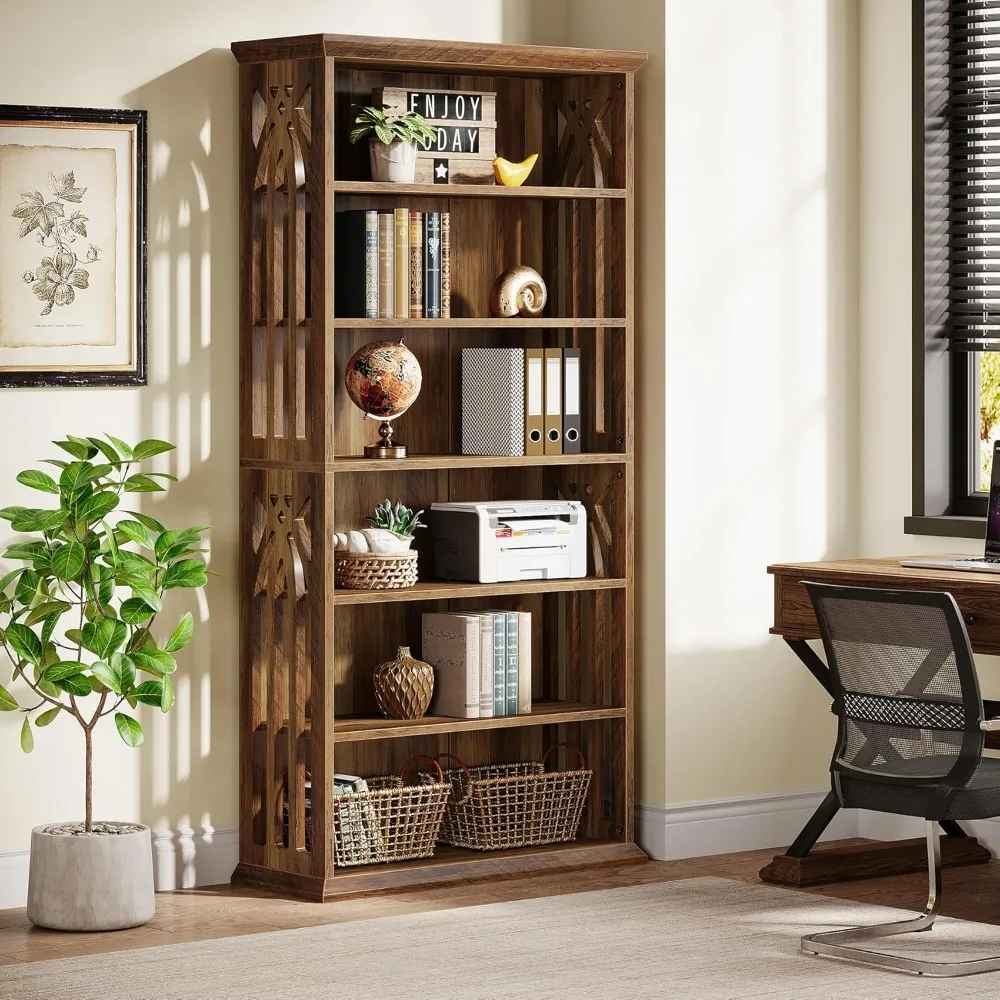 "رف كتب خشبي قائم بذاته بطول 6 طبقات و75 بوصة لعرض غرفة المعيشة" #4