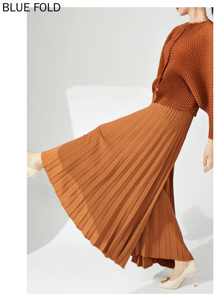 Miyake Casual Culottes for Women Drape Elastic Waist Solid Color Loose Large Size Versatile Wide Leg Trouser Spring Autumn