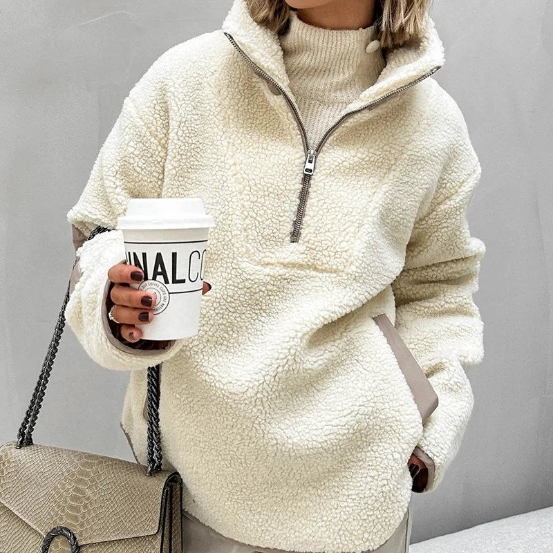 

Autumn and winter new plush loose stand up collar pullover hoodie for women 2025 fashion fleece women's clothing