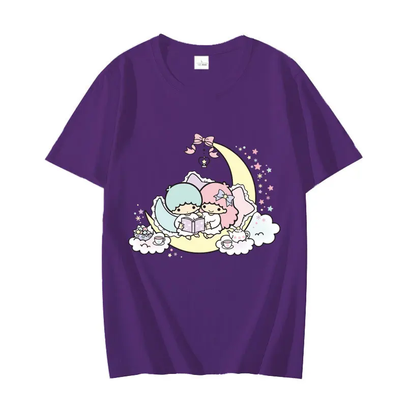 Sanrio Little Twin Stars Cartoon Anime Women T-shirt Summer 100% Cotton Men Tee Shirts Tops 2024 Casual Pink Couple Clothes