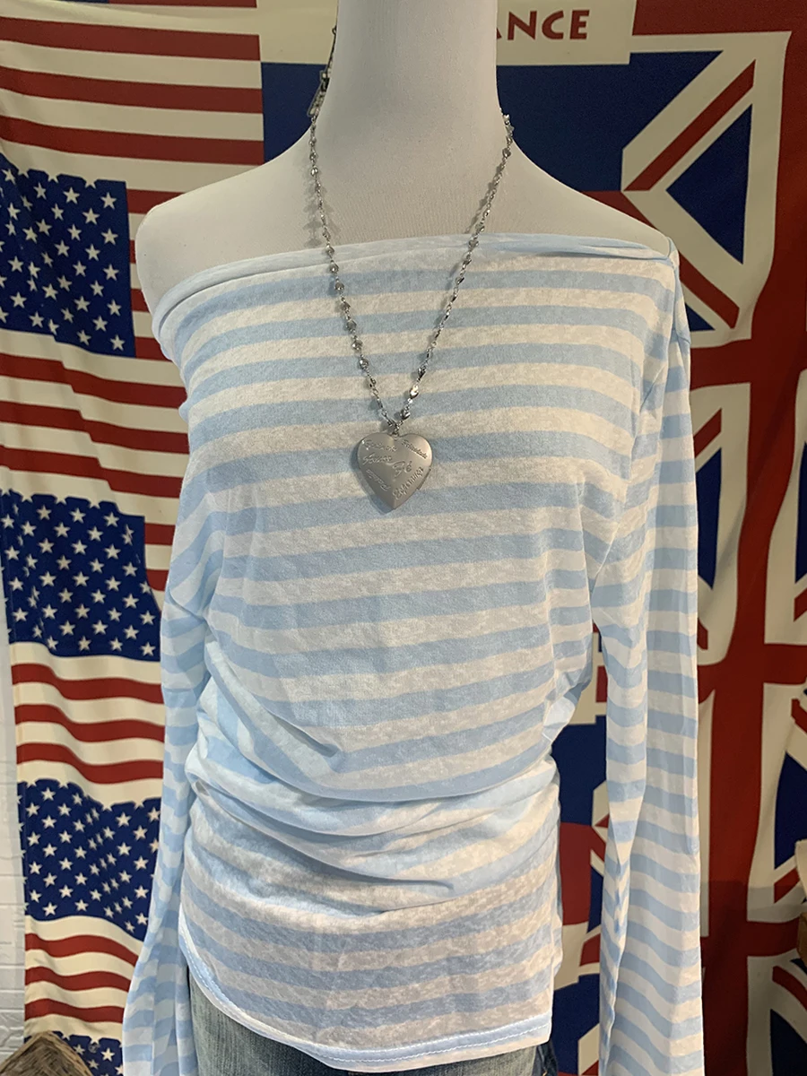 Blue Striped See Through Long Sleeve T-shirts Woman Spring Sexy Skew Collar Waist-cinched Long Knit Smock Sweet Preppy Style Top