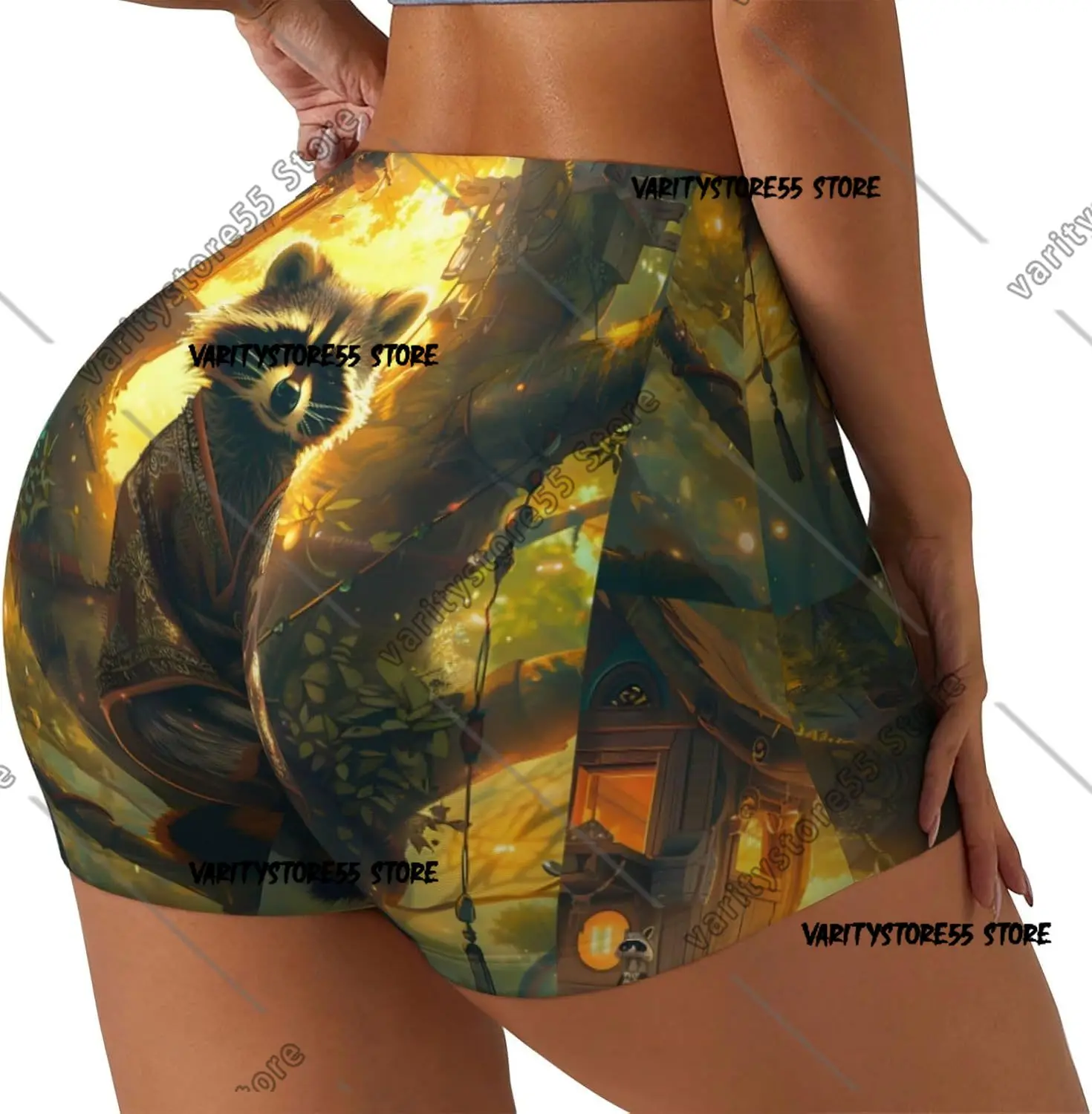 Pantaloncini da allenamento con stampa Tree Meditating Raccoon per donna Pantaloncini attivi scrunch per yoga da palestra, morbidi e lisci senza cuciture