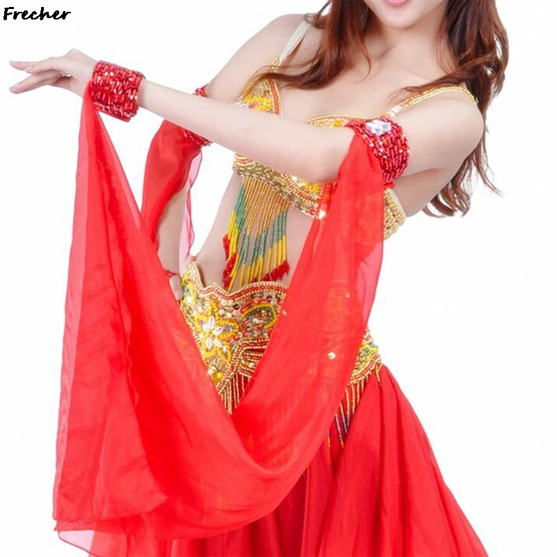 Wrist Adjustable Chiffon Sleeve Belly Dance Arm Sleeves Sequins Armbands Performance Costume Dancing Prop Ring Gloves Silk Veil