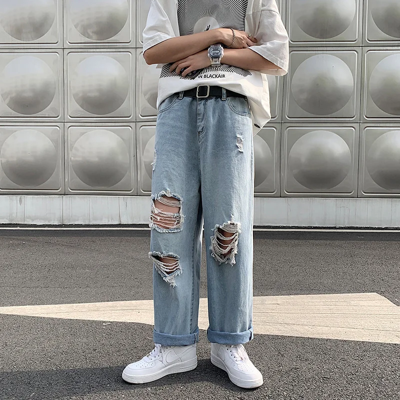 

Fashion Men's Hip Hop Wide Leg Summer Straight Loose Jeans Casual Hole Denim Daddy Pants Baggy Jeans For Men Clothing