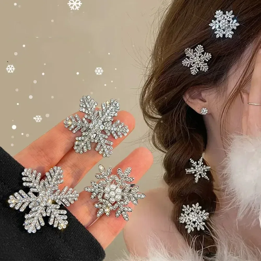 1/6pcs Sparkly Rhinestone ผม Barrettes MINI Pearl Christmas Snowflakes คลิปผม Silver PARTY อุปกรณ์เสริมผม Hairpins