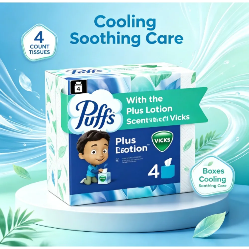

Puffs Facial Tissues Plus Lotion with the Scent of Vicks, 4 Count, Soft moisturized tissues infused with calming Vicks aroma to soothe irritated noses and ease discomfort from congestion, allergies and seasonal colds for daily indoor use