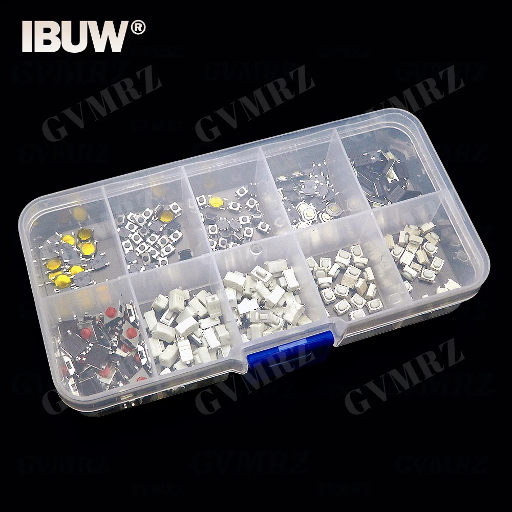 250Pcs Micro Tactile Tact Push Button Switch Assorted Kit 2P 4 Pin SMD PCB Momentary Self-reset Car Remote Control Switch Repair