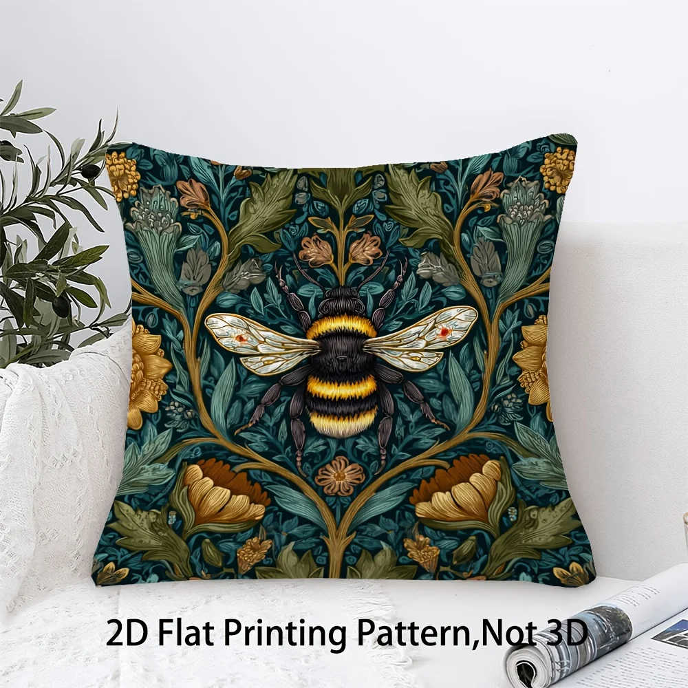 1pc William Morris Style Bumblebee Pillow Cover, Polyester 2D Double-Sided Print, Vintage Botanical Bee Art, Cottagecore Home De