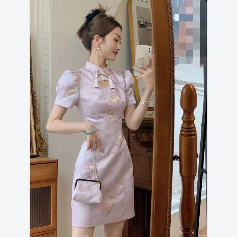 2025 New Chinese Style Purple Print Dresses Women Satin Cheongsams Improved Vestidos Vintage Mandarin Collar Qipao abc