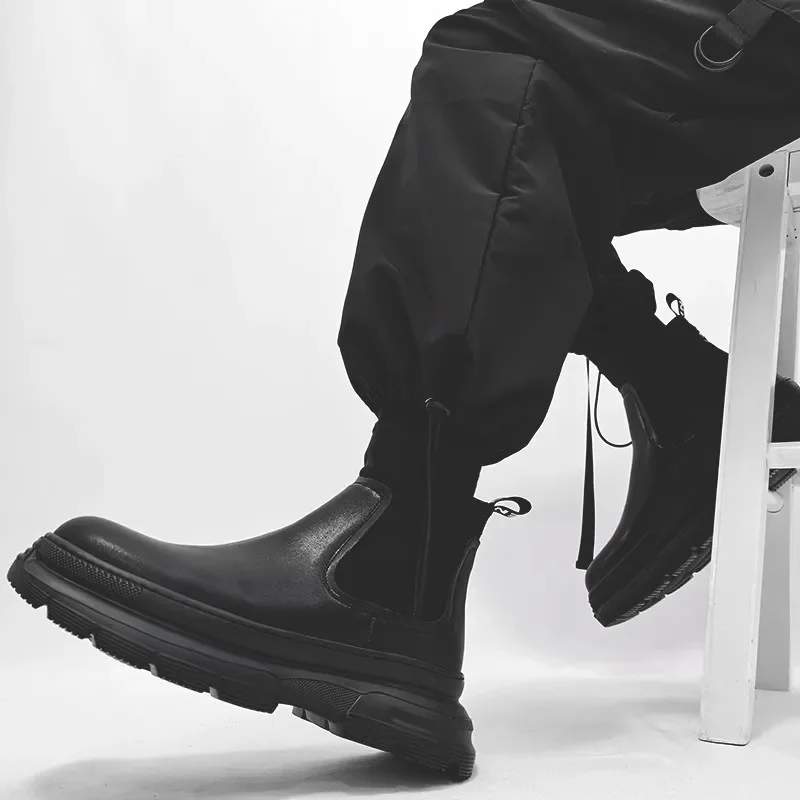 British Style Chelsea Short Boots for Men Thick Sole Elastic Band Height Increasing Workwear Ankle Boots High Top Casual Boots