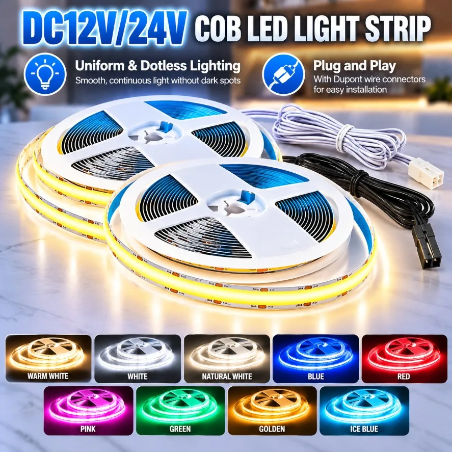 COB LED Strip Light 320LED/m DC12V/24V Polychrome with White & Black DuPont Connector for Bedroom Living Room Home Decor