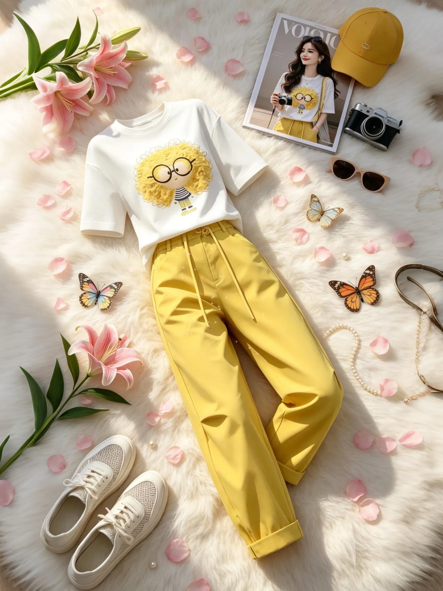 

Fashionable Summer Outfit Set Printed Short Sleeve Loose Long Pants Commute Wear Breathable Medium Thickness round Neck T-Shirt