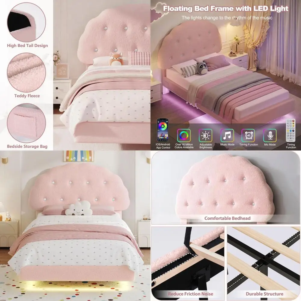 Cama Tapizada Cookie Twin con Luces LED, Cama Flotante con Tablero Ajustable y Tablero Elevado para Dormitorio de Príncipe