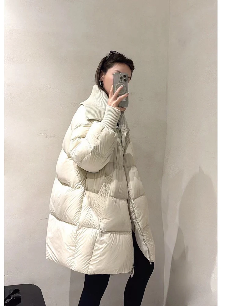Cloudlike Soft Thiened  Sle Simple Aosphere Loose Pure Color Knitted Stand Collar Women's down Jaet Coat