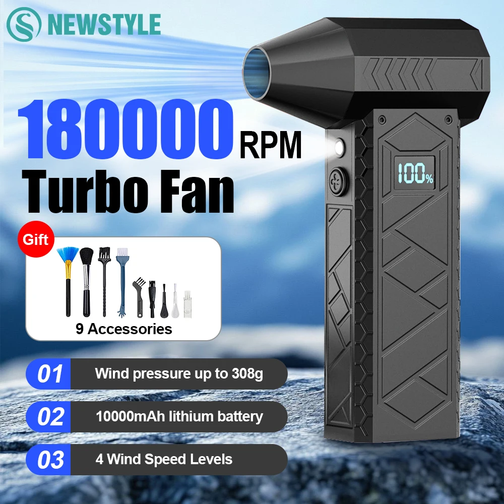 Kemoceng Udara Elektrik 180000RPM dengan Layar Tampilan Lampu, 4 Tingkat Kecepatan yang Dapat Disesuaikan, Tanpa Kabel, Turbo Blower, 10000mAh, Alat Isi Ulang USB
