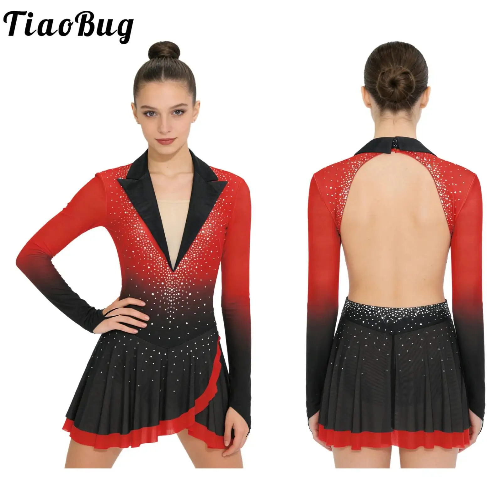 

Women Leotards Figure Skating Lyrical Gymnastics Ballet Dress Performance Competition Costume Long Sleeve Backless Mesh Skirted