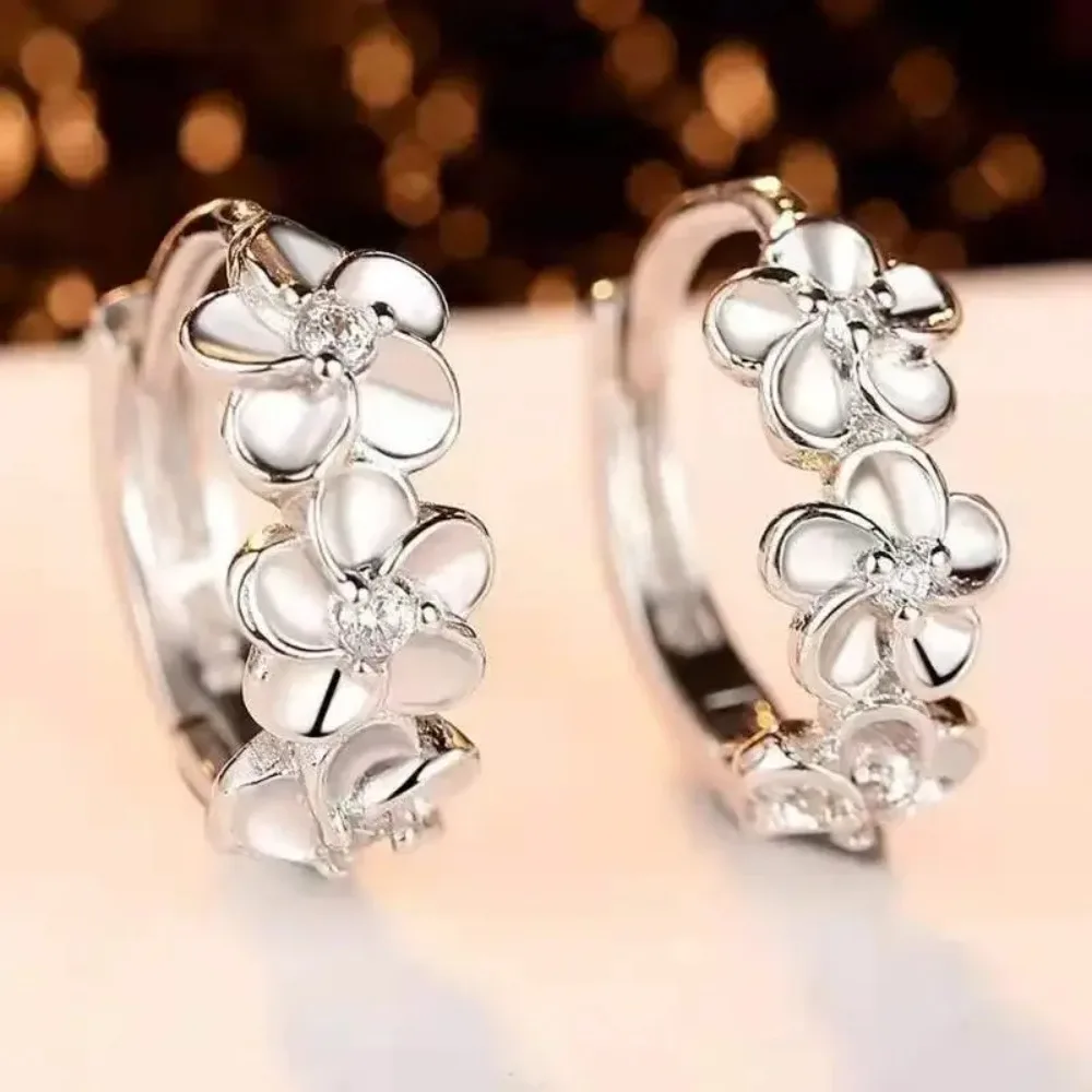 Hot 925 Sterling Silver Exquisite Camellia Pattern Hoop Earrings Cute Elegant Delicate Gift For Women Girls Daily Casual
