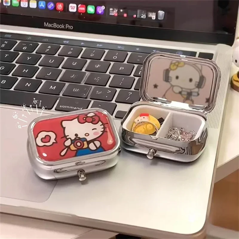 Hello Kitty Sanrio Portable Jewelry Box with HD Mirror Mini Sealed Subpackage Boxs Cute Cartoon Travel Storage Box