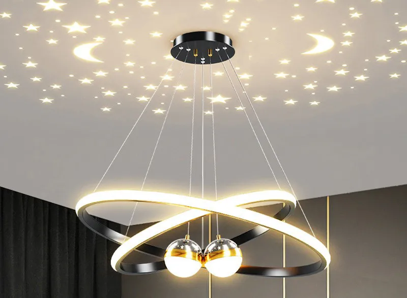 Moderne woonkamer ringkroonluchter met maansterren Creatief zwart/gouden ringcirkel LED-kroonluchterlicht voor slaapkamer eetkamer