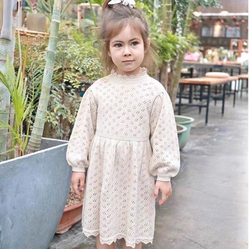 Toddler Girl Winter Knit Dress Baby Girls Hollow Out Knitting Dresses Beautiful Vintage Style Child Full Sleeve Kniting Dress