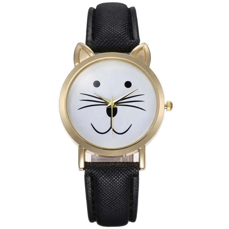 

Fashion Cute Cat Face Leopard Print Ladies Girl Gold Kitten Ears Leather Watch Alloy Case 20mm Bandwidth