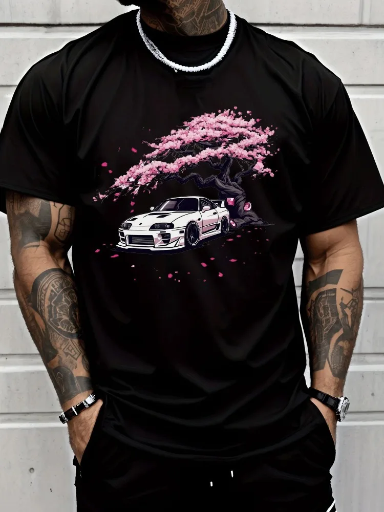 Men Summer White T Shirt Japanese Cherry Blossom JDM Car Graphic Tee Casual Streetwear Crew Neck Loose Fashion Daily Tops