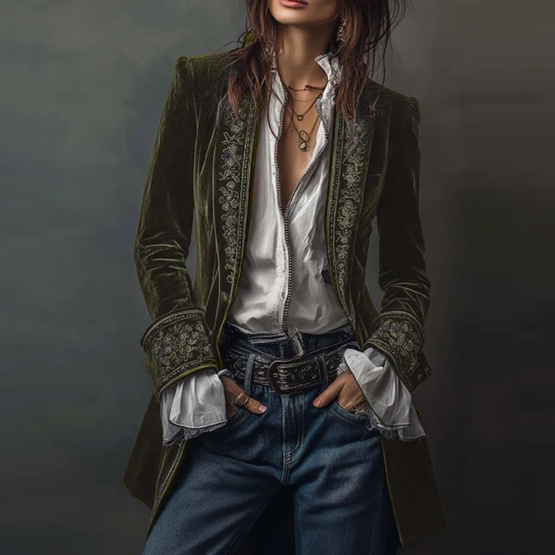 New Women Winter Coats and Jackets Vintage Floral Print Lapel Neck Velvet Outerwears Long Sleeve Autumn Cardigan Female Clothing