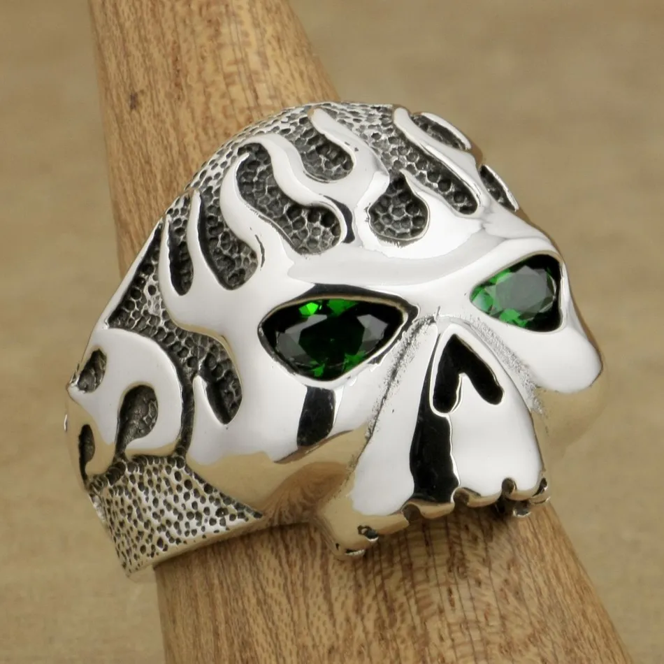 925 Sterling Silver Fire Skull CZ Eyes Ring Biker Rocker Punk Jewelry 8DX06 US Size 7 ~ 15