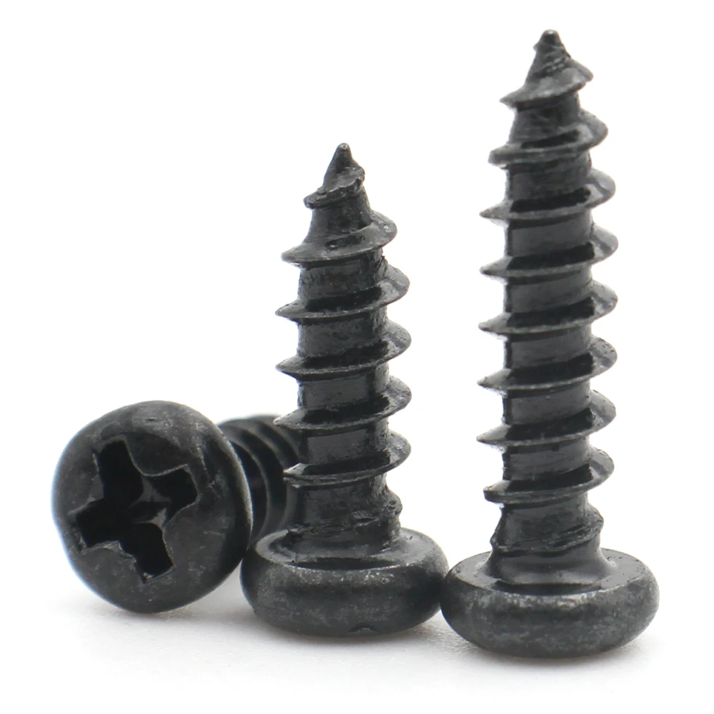 100szt M1 M1.2 M1.4 M1.5 M1.7 M2 M2.3 M2.6 M3 M3.5 M4 M5 Czarna śruba samogwintująca ze stali węglowej z łbem krzyżowym Phillips z okrągłym łbem