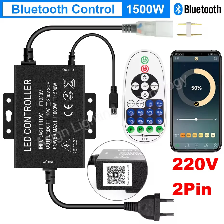 2Pin 220V Neon Light 750W 1500W Tuya Smart WiFi/Bluetooth APP/Remote Controller Dimmable with 23Keys Remote LED Strip Controller