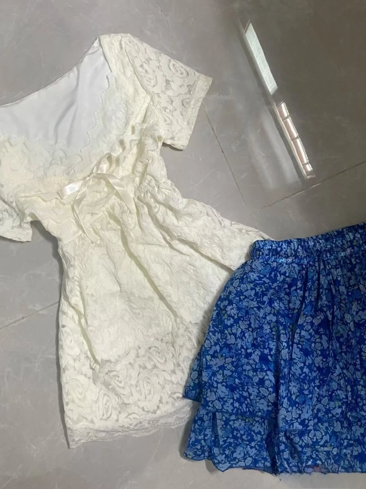 Conjunto de falda con estampado Floral Vintage japonés de verano para mujer, Tops informales con lazo de encaje blanco + minifalda ajustada, conjuntos elegantes de 2 piezas a la moda